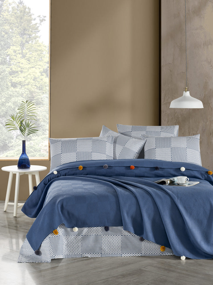 Tek Kişilik Ponponlu Pike Takımı - İNDİGO