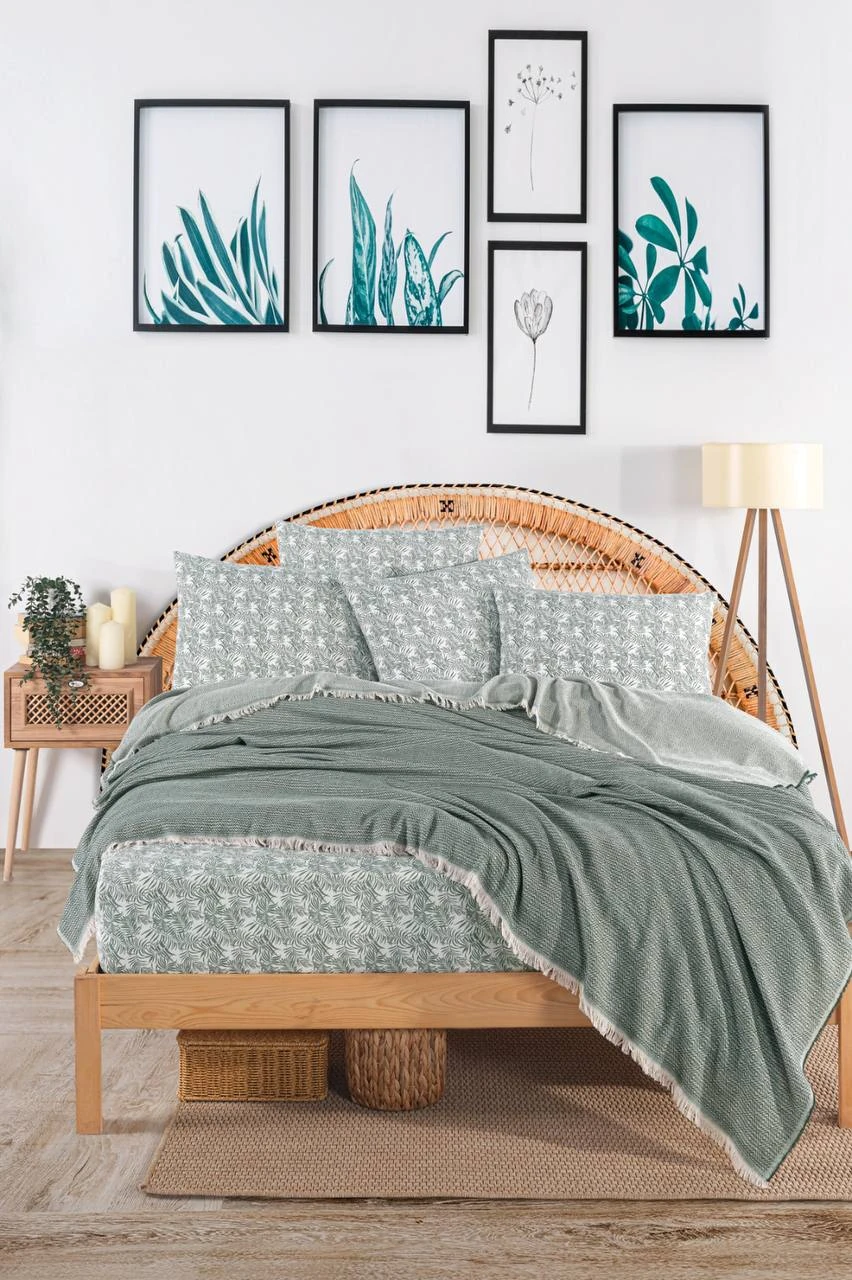 Oslo Pamuklu Çift Kişilik Lastikli Çarşaflı Pike Takımı - YEŞİL