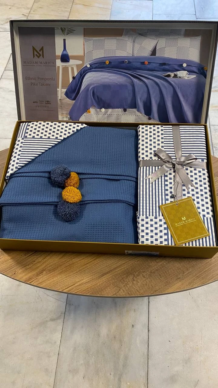 Tek Kişilik Ponponlu Pike Takımı - İNDİGO