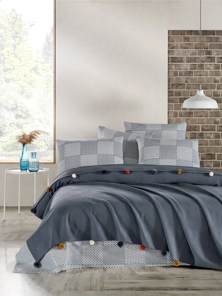 Tek Kişilik Ponponlu Pike Takımı - GRİ