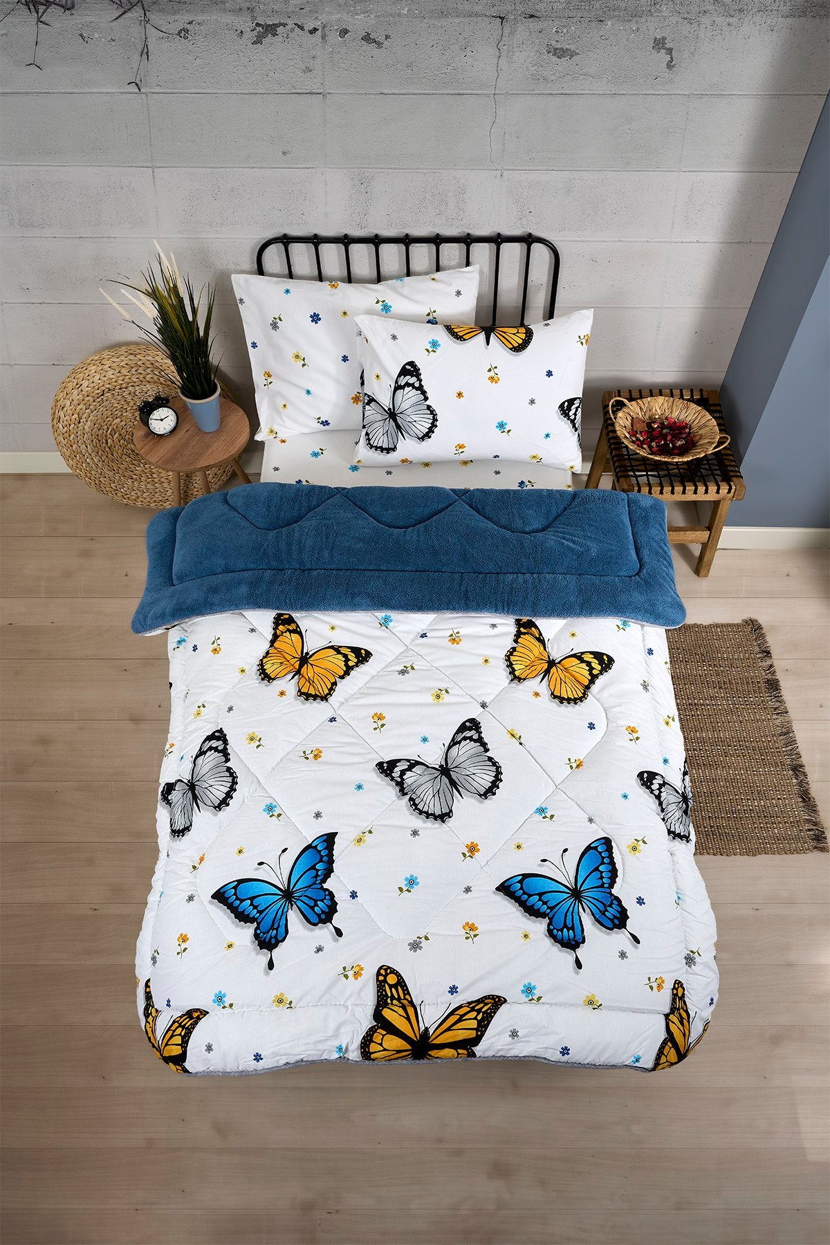 Tek Kişilik Welsoft Yorgan Seti - KELEBEK İNDİGO