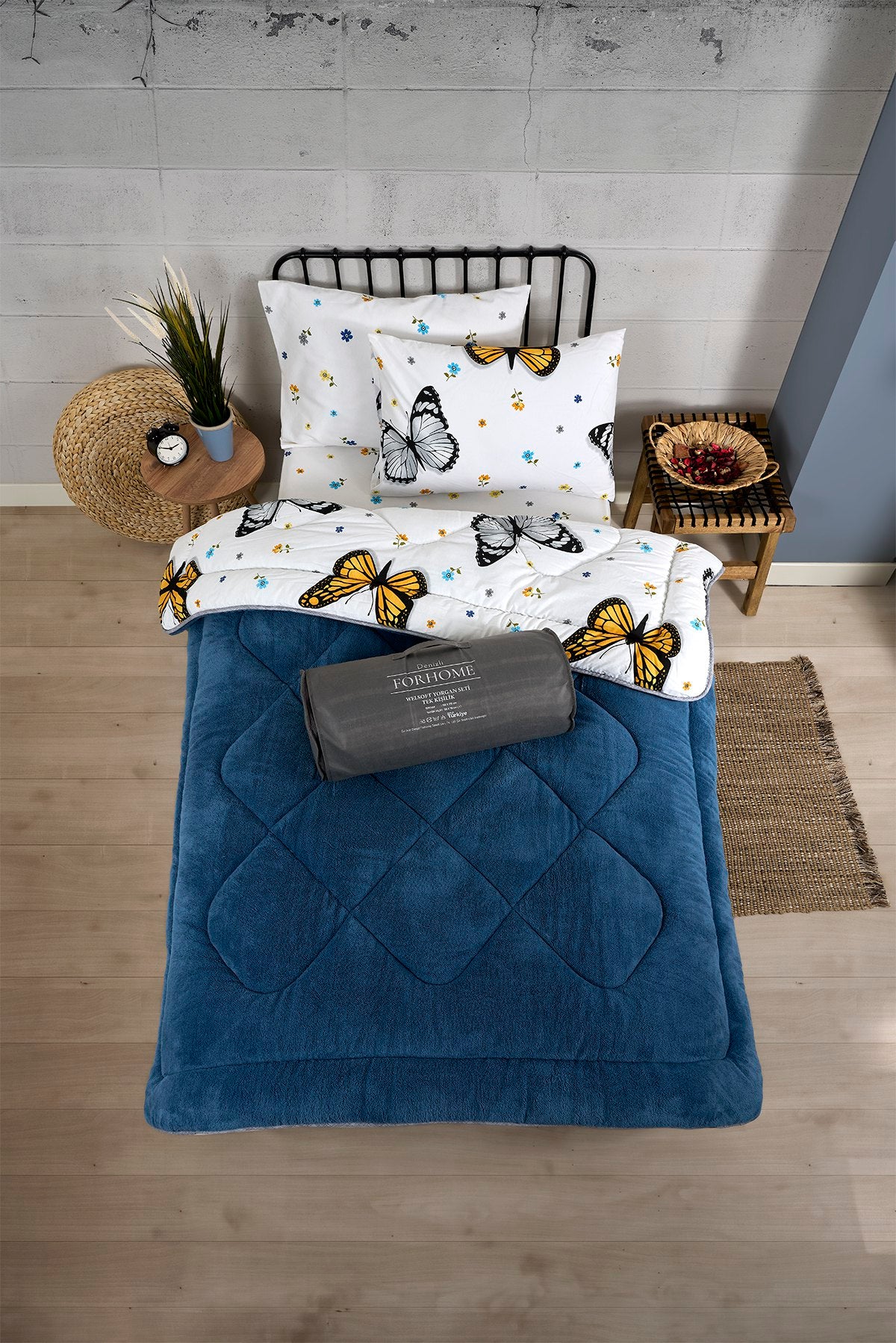 Tek Kişilik Welsoft Yorgan Seti - KELEBEK İNDİGO