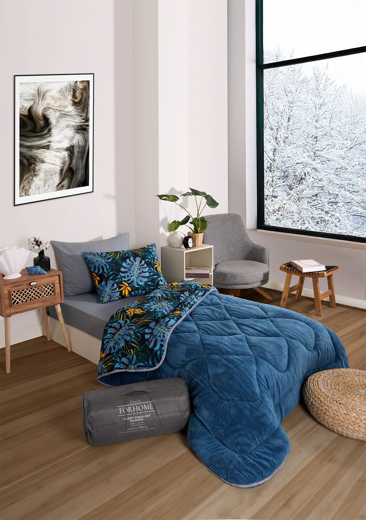 Tek Kişilik Welsoft Yorgan Seti - MONESTERA İNDİGO