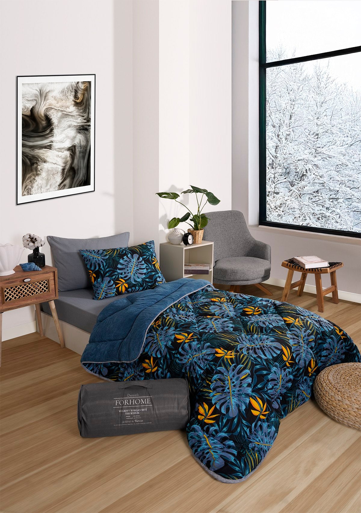 Tek Kişilik Welsoft Yorgan Seti - MONESTERA İNDİGO