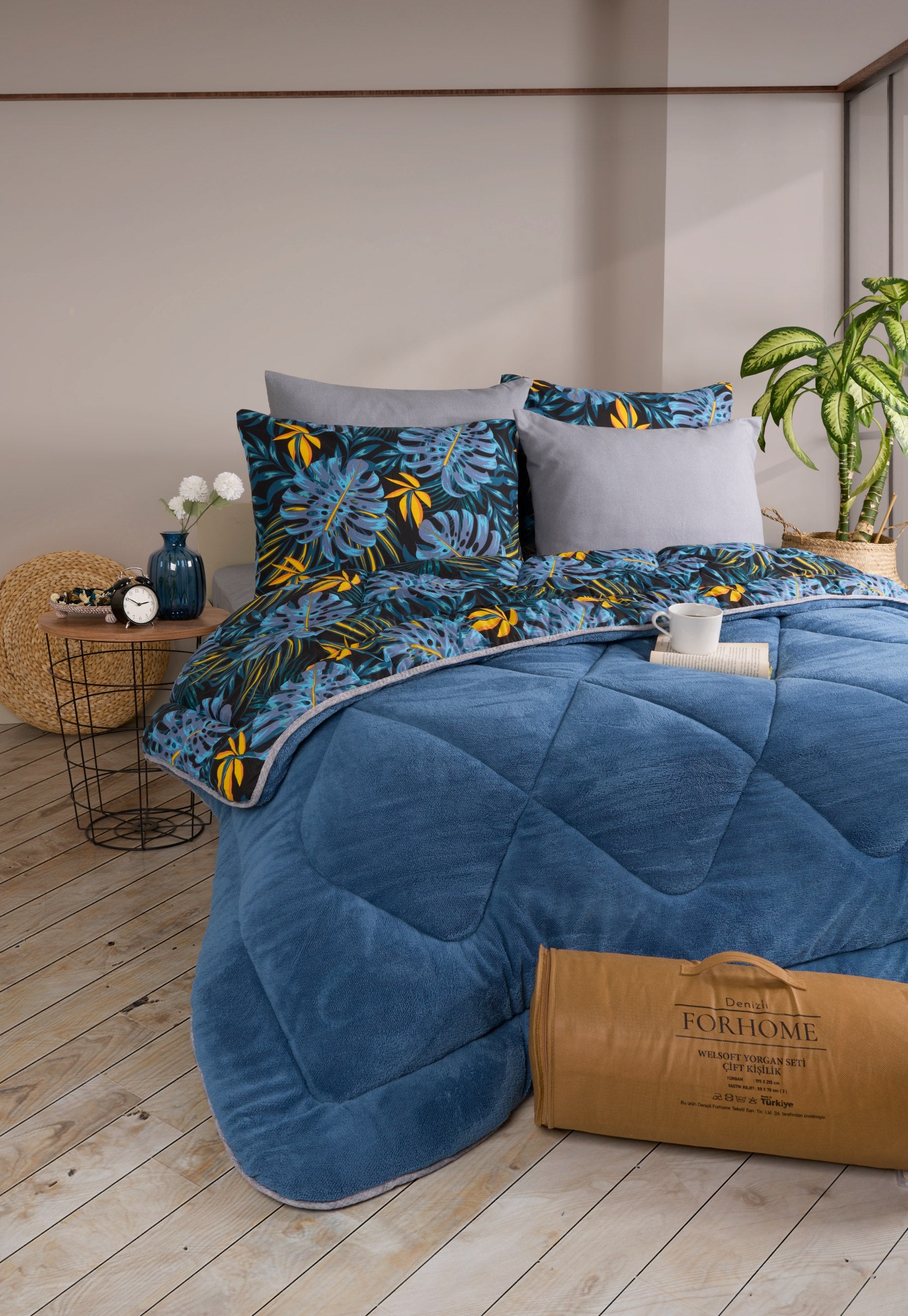 Çift Kişilik Welsoft Yorgan Seti - MONESTERA İNDİGO