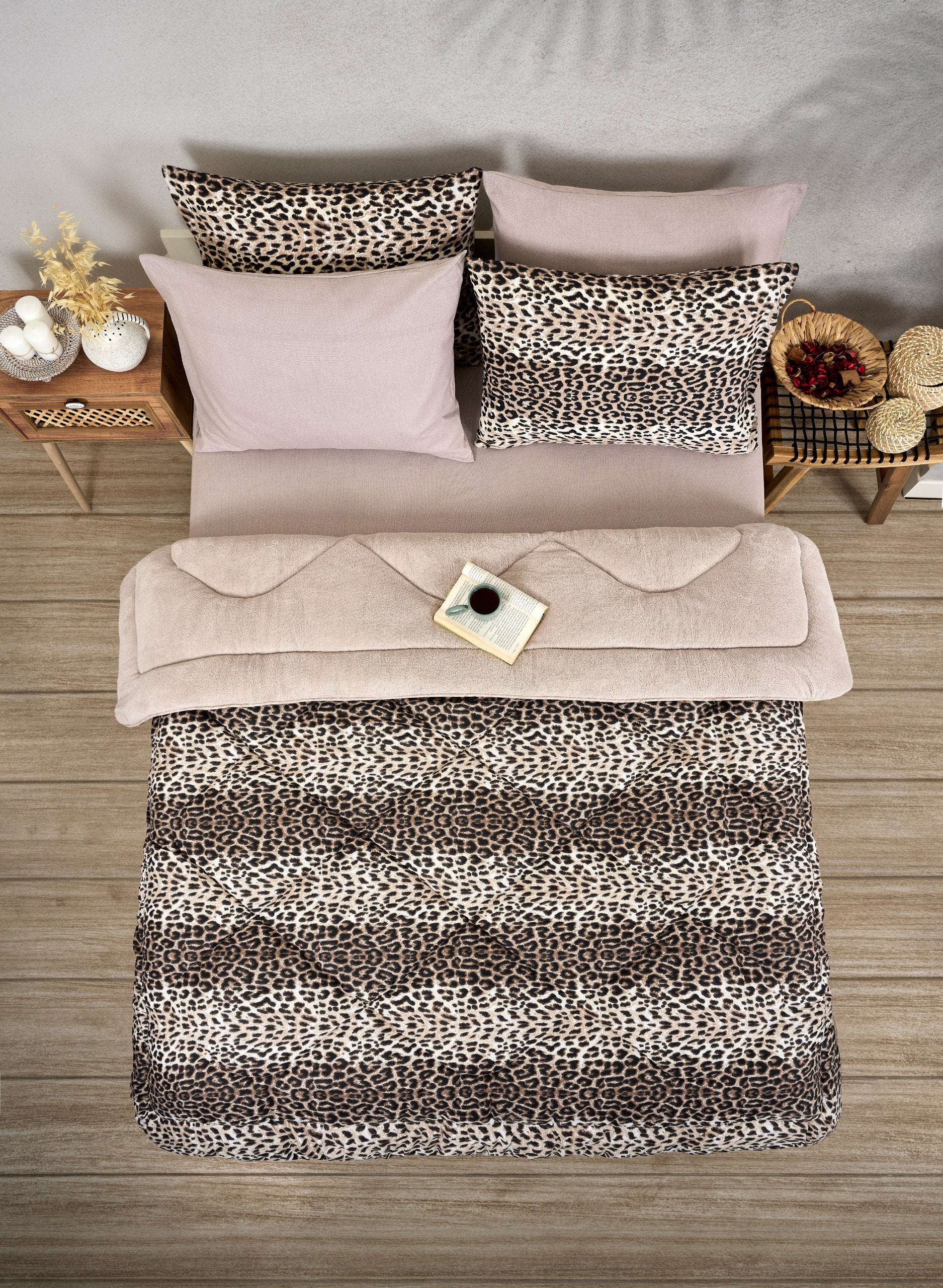 Çift Kişilik Welsoft Yorgan Seti - LEOPAR BEJ