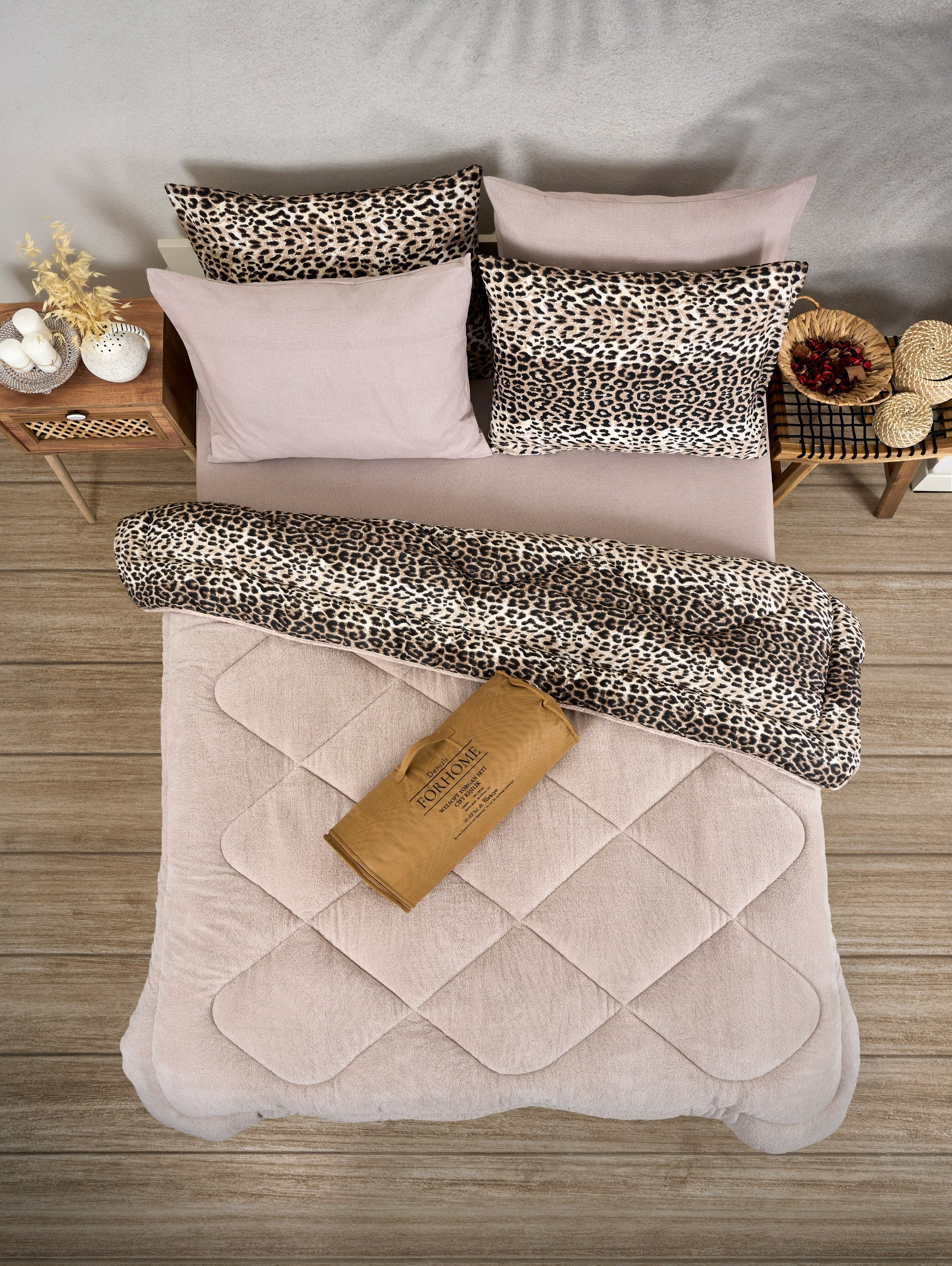 Çift Kişilik Welsoft Yorgan Seti - LEOPAR BEJ