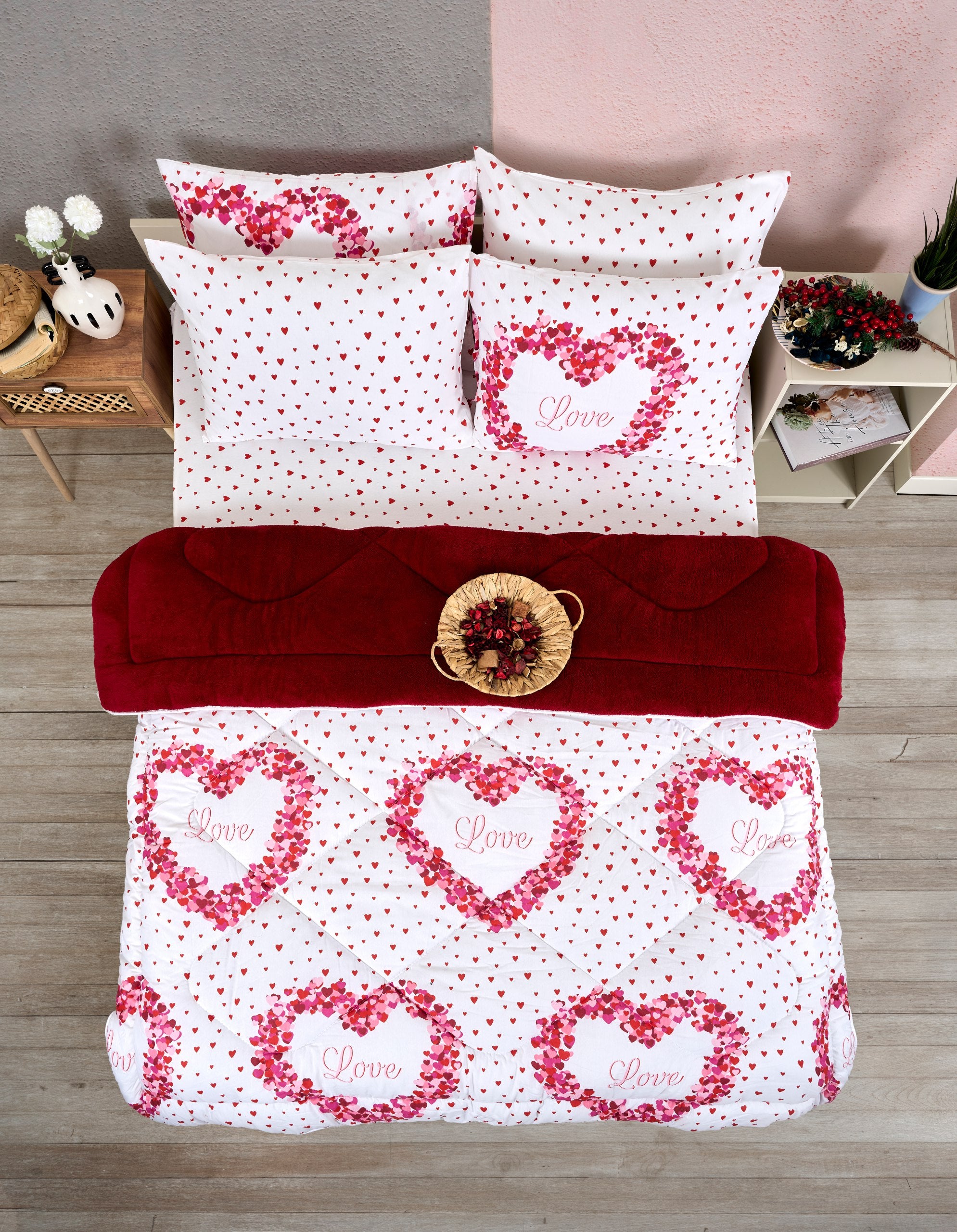 Çift Kişilik Welsoft Yorgan Seti - LOVE BORDO