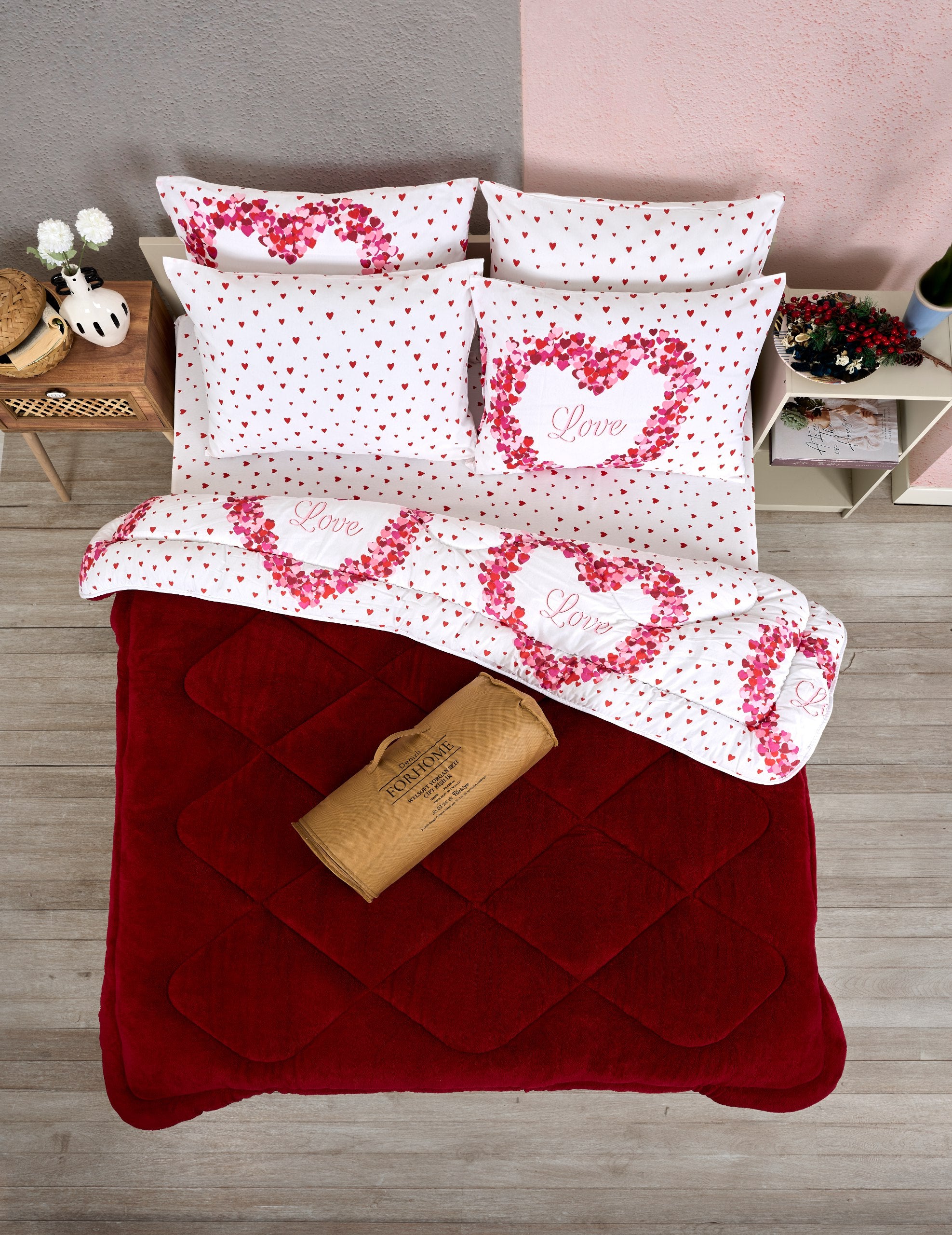 Çift Kişilik Welsoft Yorgan Seti - LOVE BORDO