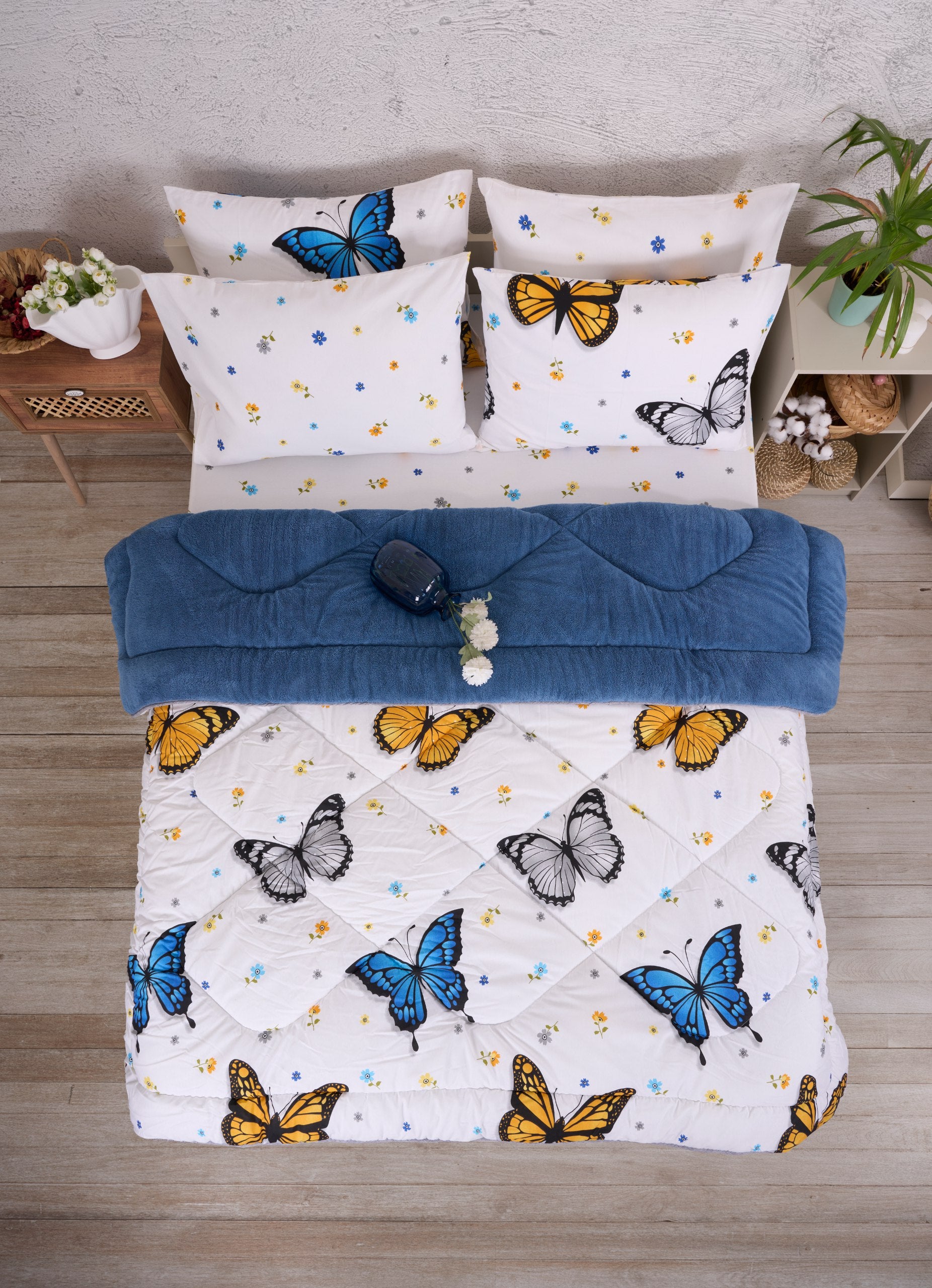 Çift Kişilik Welsoft Yorgan Seti - KELEBEK İNDİGO