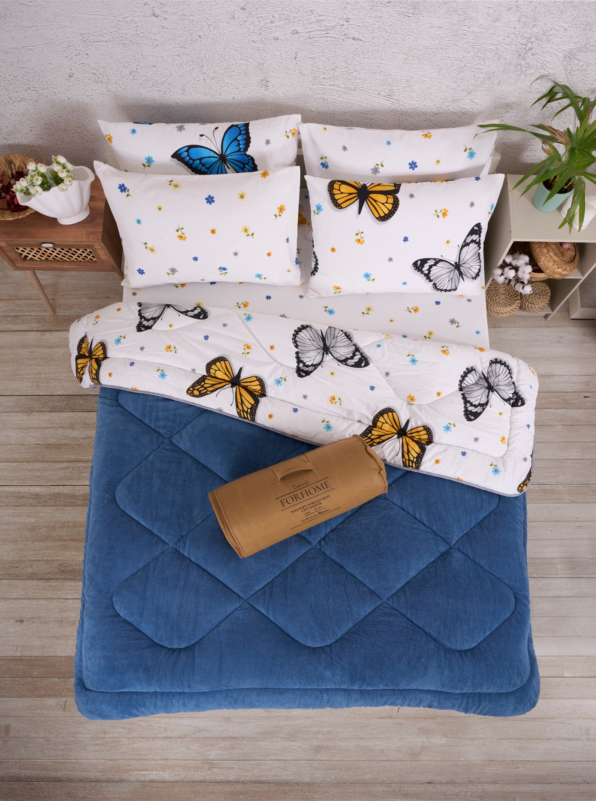 Çift Kişilik Welsoft Yorgan Seti - KELEBEK İNDİGO