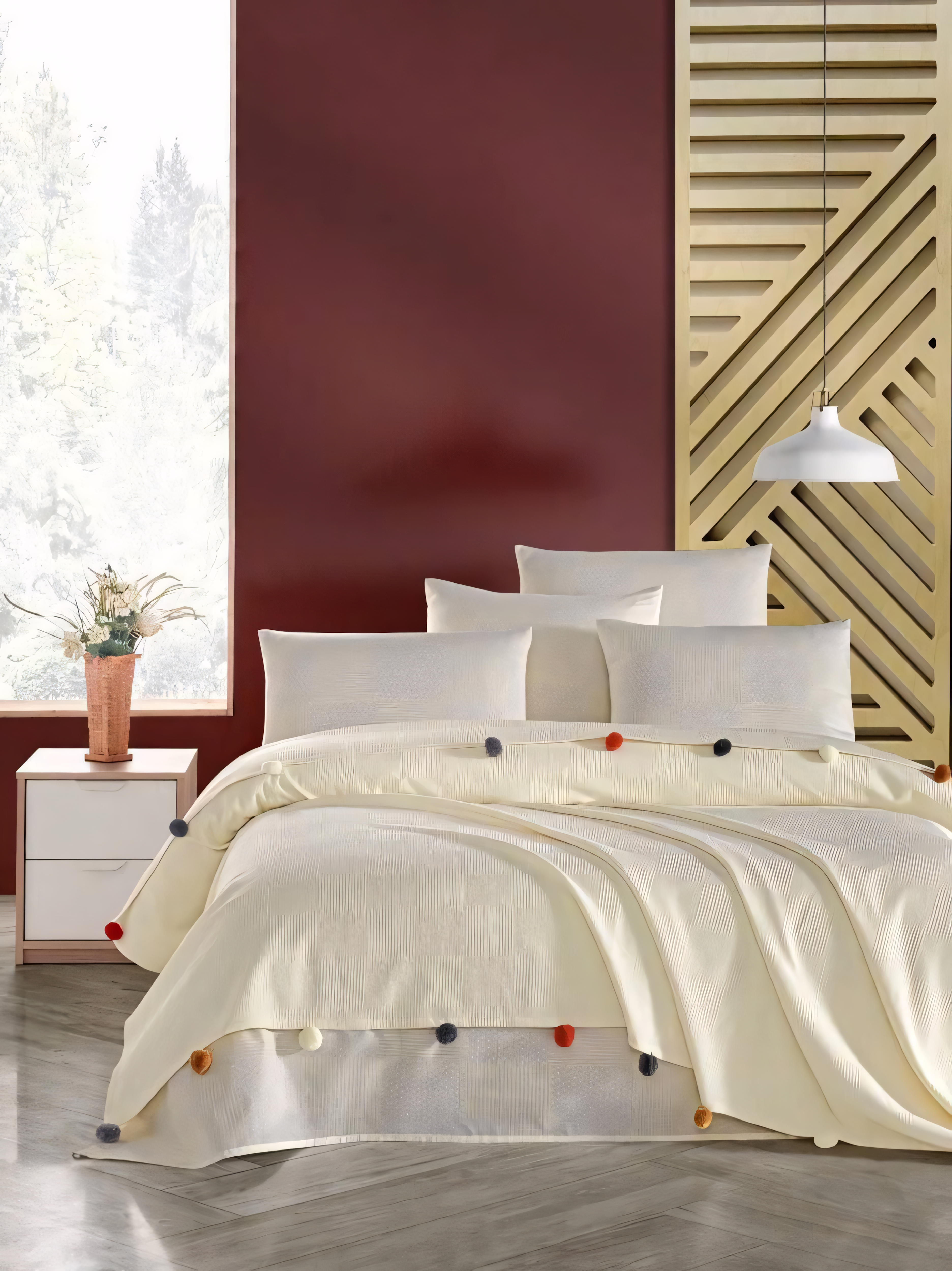 Tek Kişilik Ponponlu Pike Takımı - KREM