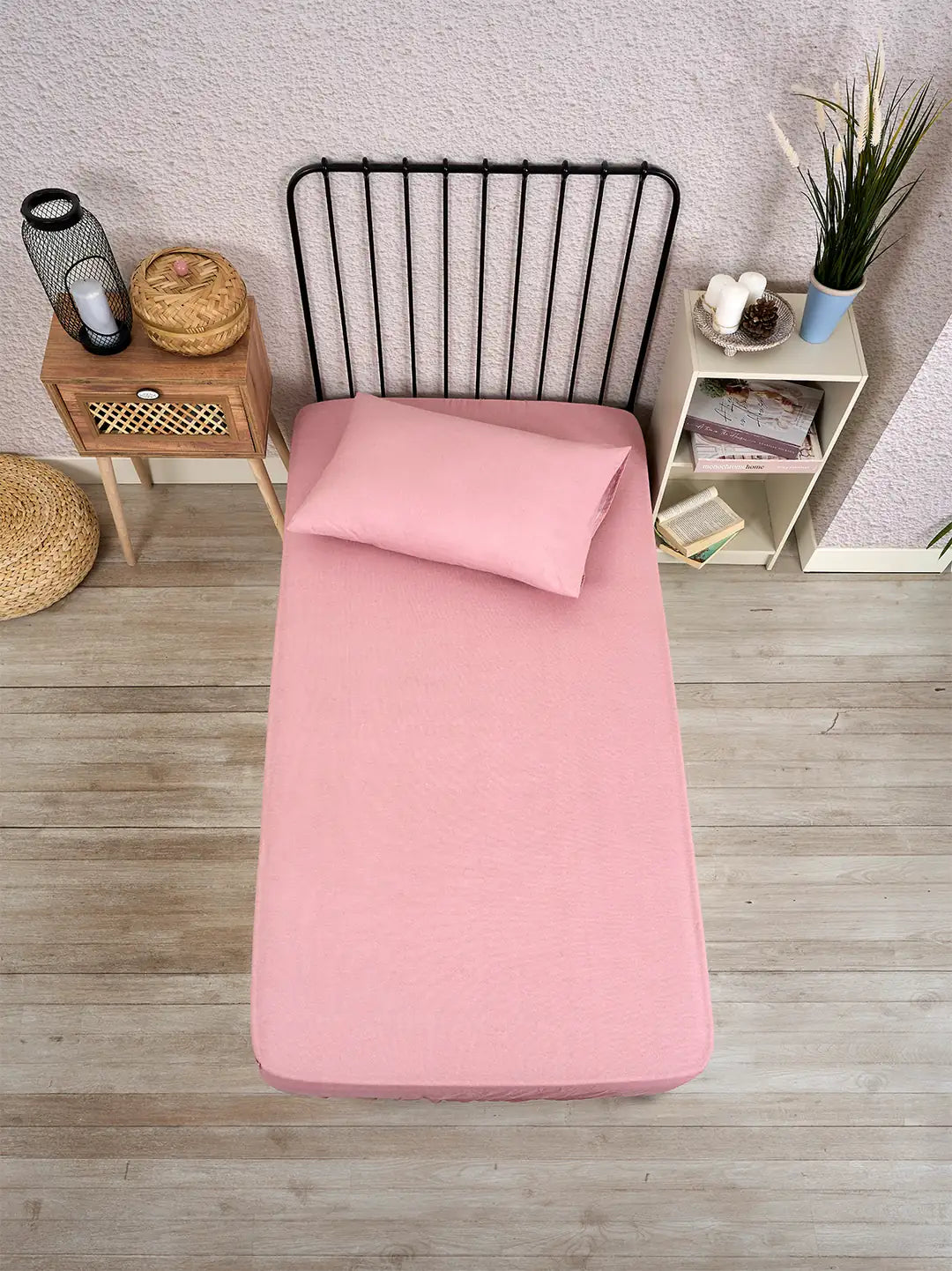 TEK KİŞİLİK LASTİKLİ ÇARŞAF SETİ - PUDRA